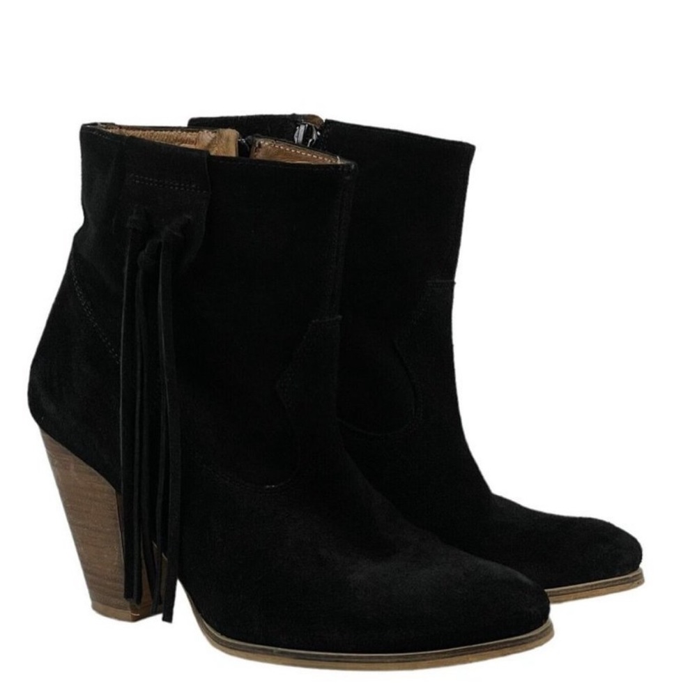 Howsty Black Suede Leather Fringe Tassel
Block Heel Ankle Bootie